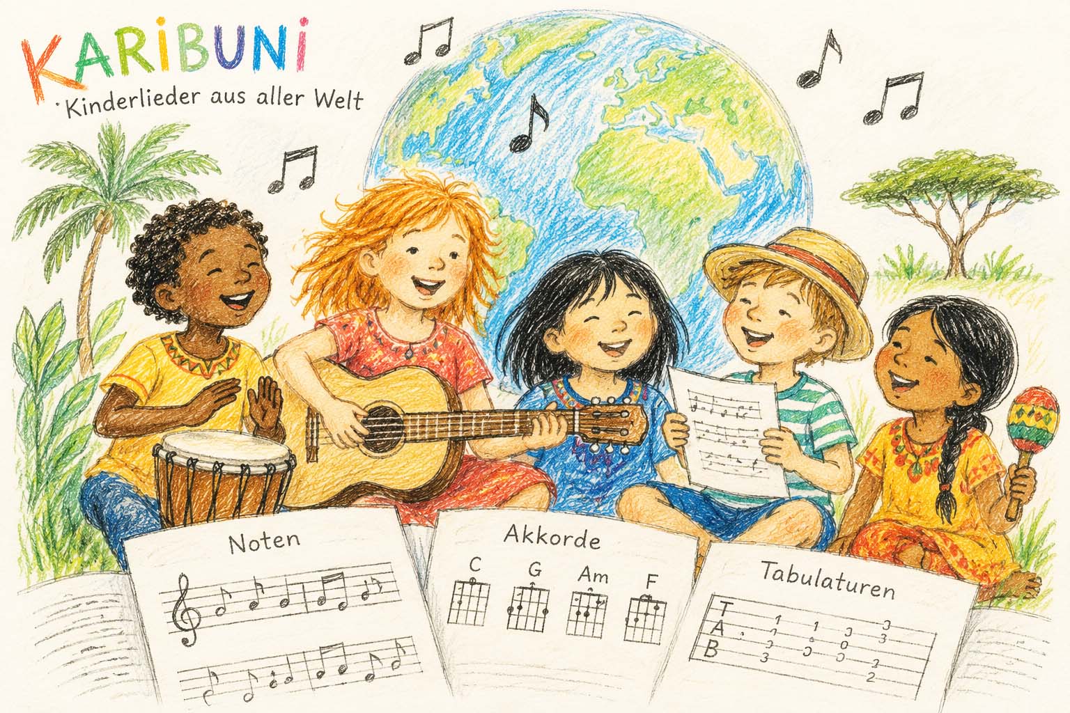 Kinder aus aller Welt singen und musizieren mit Gitarre und Trommel – Karibuni-Kinderlieder mit Noten, Akkorden und Tabulaturen.