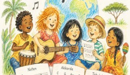 Kinder aus aller Welt singen und musizieren mit Gitarre und Trommel – Karibuni-Kinderlieder mit Noten, Akkorden und Tabulaturen.