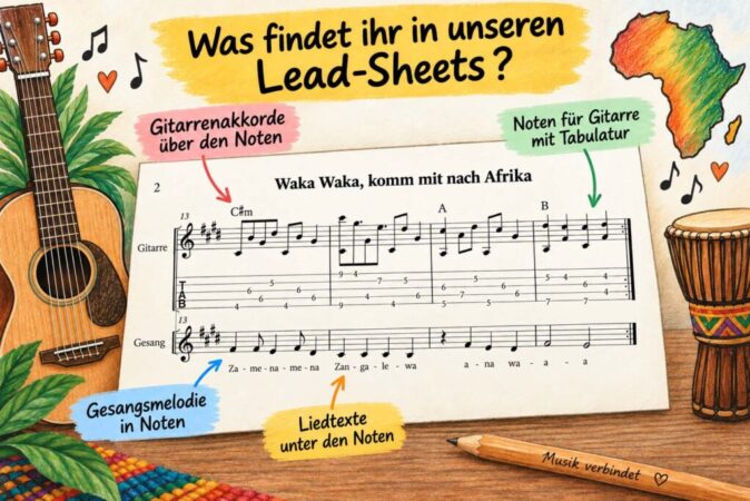 Lead-Sheet mit Noten, Akkorden und Gitarrentabulatur