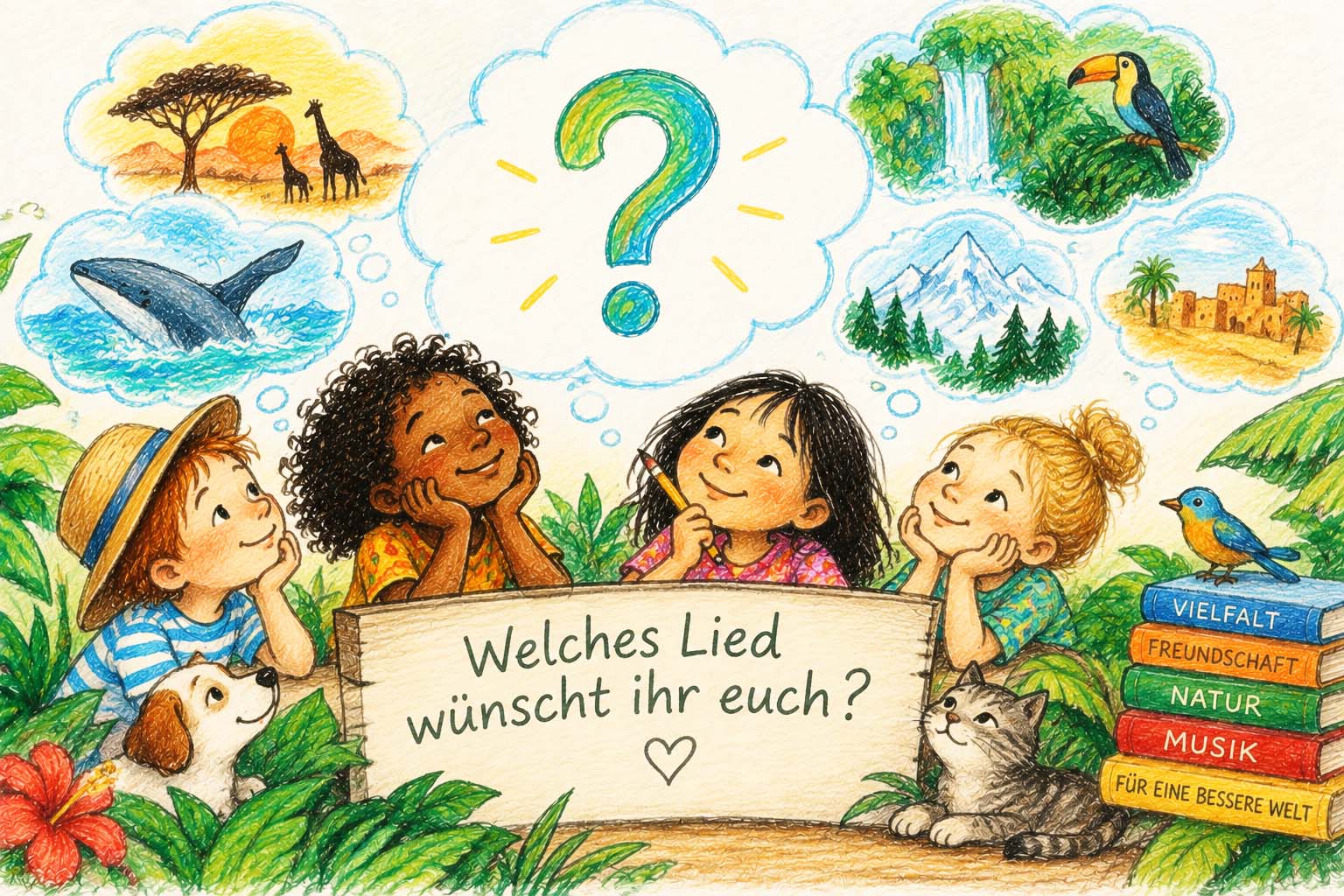 Kinder überlegen, welches Karibuni-Lied sie sich wünschen